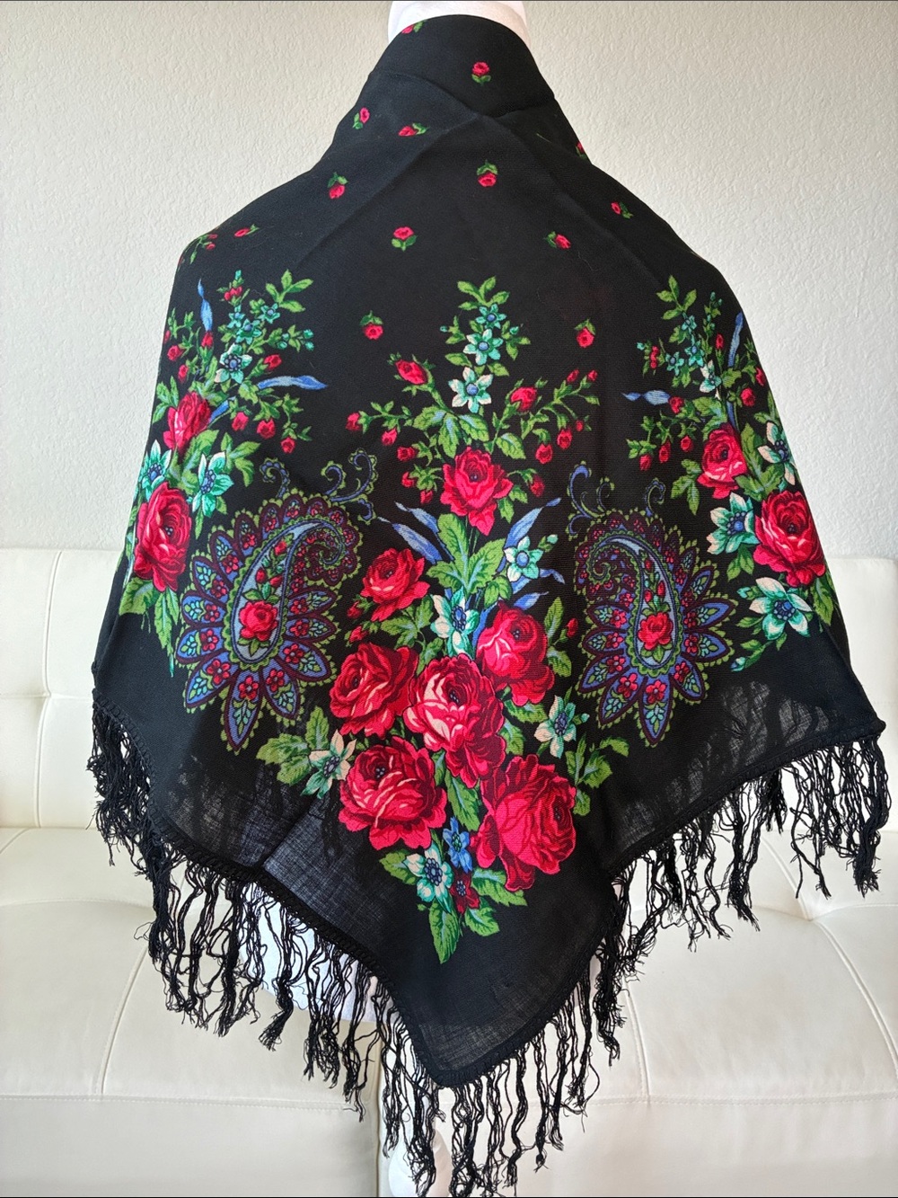 Stunning Vintage Black Scarf with Red Rose & Paisley Print